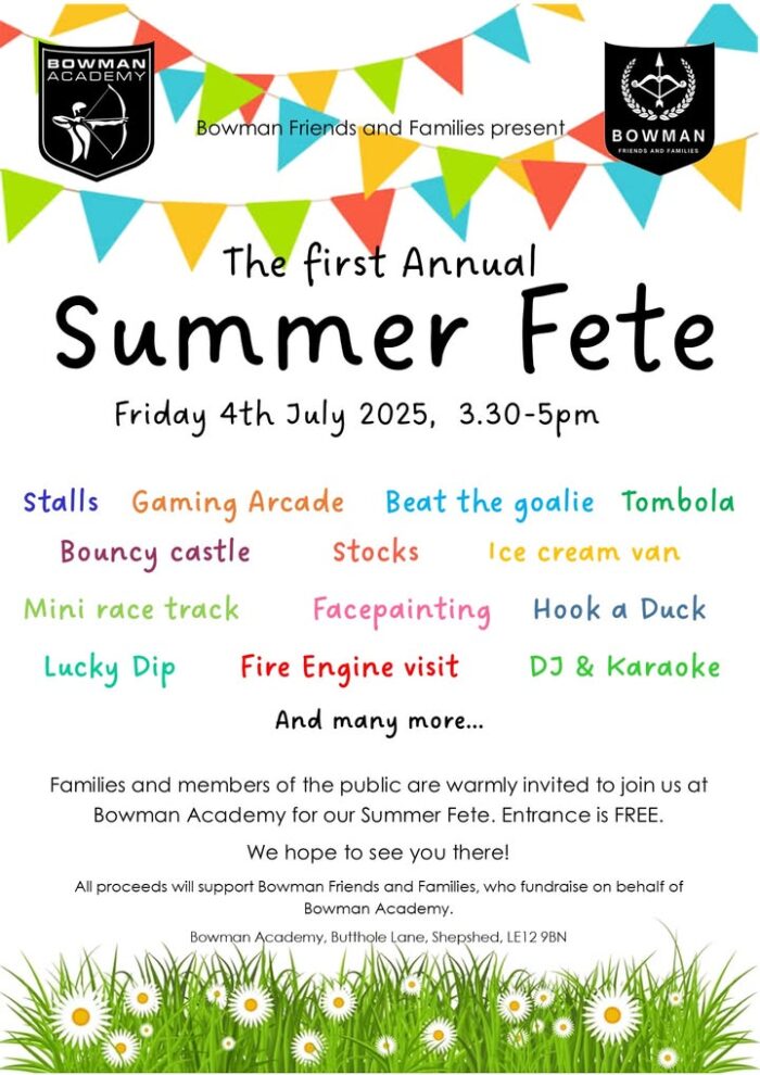 🌞🎪 Get ready for a day of fun in the sun! 🎉 Bowman Academy is excited to host its very first Summer Fete this Friday, 4th July! Join us for games, food, community vibes, and unforgettable memories. Everyones welcome!

📍 At Bowman Academy 📅 Friday 4th July ⏰ Come and celebrate with us! Bowman Academy 

#BowmanAcademy #SummerFete #CommunitySpirit #FamilyFunDay #SchoolEvents #JoinTheFun #MakingMemories